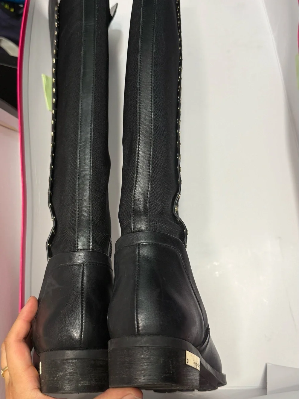 Vince Camuto Black Leather Over-the-Knee Boots with Gold Accent